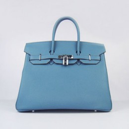 Hermes Birkin 35Cm Cattle Skin Stripe Handbags Blue Silver